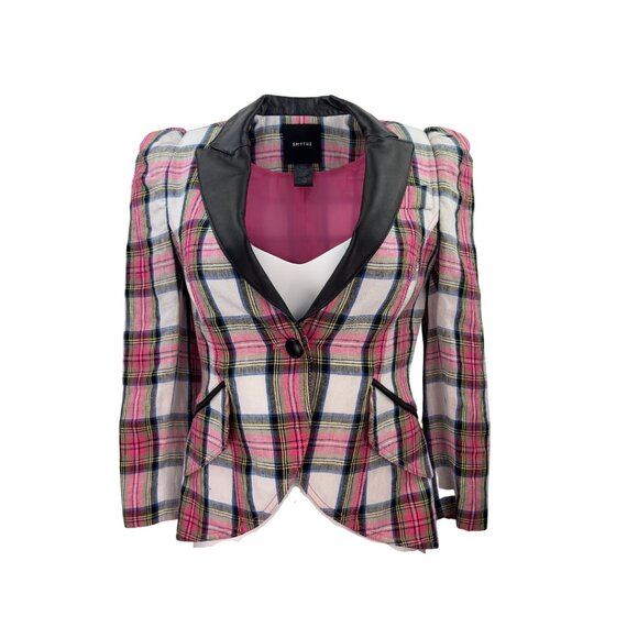 Smythe Pink Plaid Blazer with Leather Lapel - Picture 1 of 4